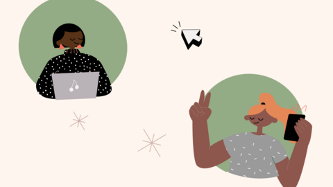 Cartoon of two people interacting with a website via a laptop and smart phone. 
