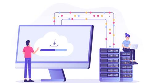 Cartoon of person looking at a giant computer screen that displays a cloud symbol. The screen is connected to servers by wires, and a person is sitting on top of a stack of servers, looking at their laptop. 