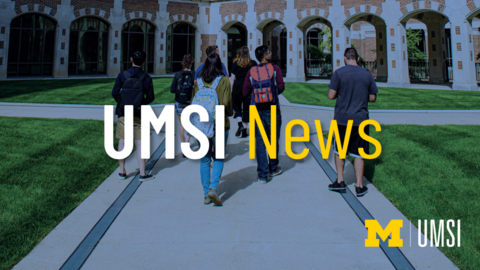 "UMSI News." A photo of seven students walking on campus. 