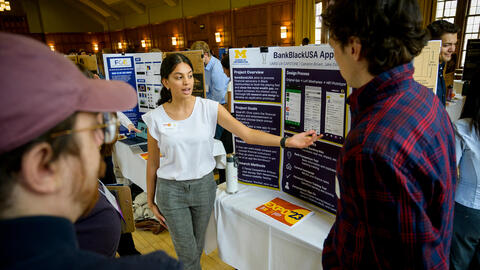 Bachelor of Science in Information student Anjalee Patel discusses the team's project at the 2023 UMSI Student Project Exposition.