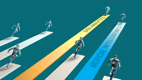 A graphic that shows shiny metallic people running along tracks of different lengths, the two longest being a yellow track that reads "data analytics" and a blue track that reads "artificial intelligence"