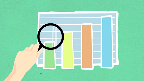 A digital illustration of a hand holding a magnifying glass up to a bar graph.