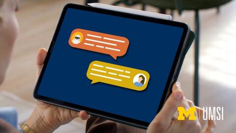 A person holds a tablet displaying a stylized chat conversation between a chatbot and a user. Two colorful speech bubbles, one orange with a small robot icon and one yellow with a person icon, appear on a dark blue screen.