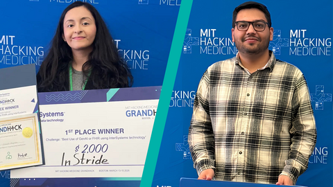 Side-by-side images: Right image shows Gabriela Lagraba holding an award certificate and a giant check reading "1st Place Winner" made out to InStride for $2,000; left image shows Simranjeet Singh standing in front of a backdrop with repeated MIT Hacking Medicine logos.