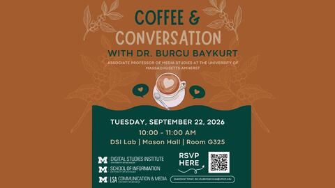 A promotional graphic for Coffee & Conversation with Professor Burcu Baykurt
