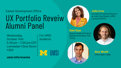 Teal background with event details in black text on the left and three headshots of the panelists with their names in yellow text and title in black text on the right half.