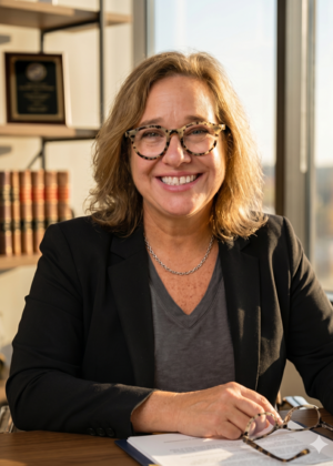 White woman with brown hair and glasses sits at a desk with sunshine illuminating her face. She is smiling.  